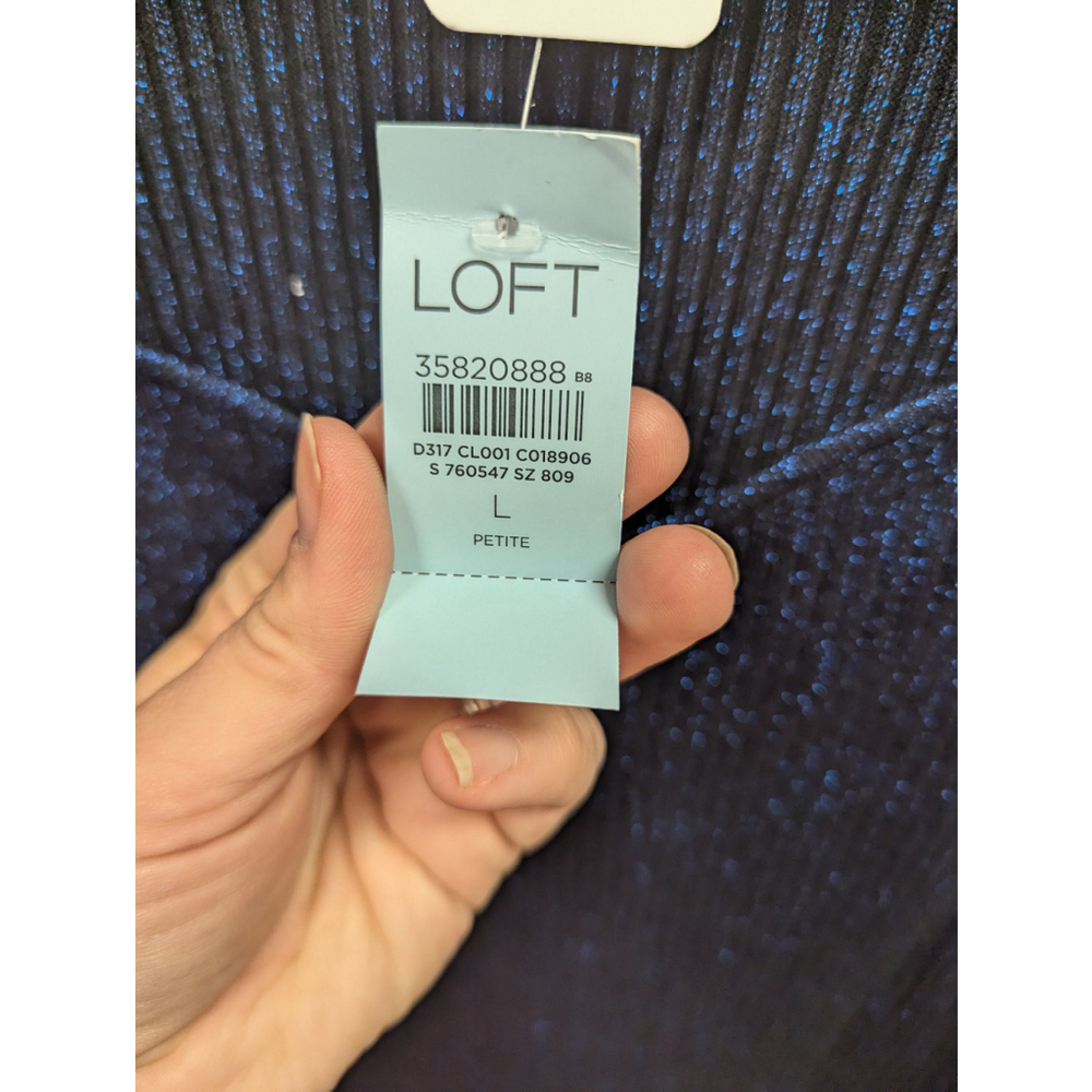 NWT LOFT Blue Shimmer Sweater Dress Size Large | Metallic Knit Midi Bodycon Bell - Picture 4 of 8